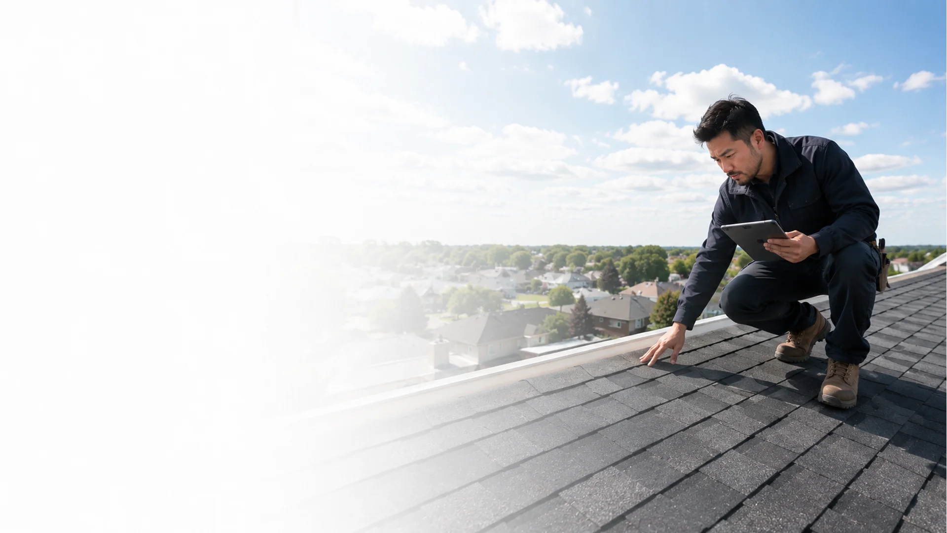 Roofing, chimney and siding contractor working on a home in Clearbrook, Middlesex County, NJ